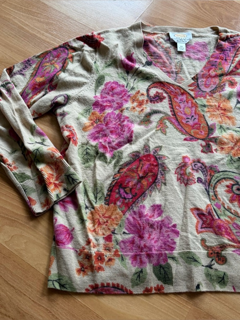 Talbots Cream V-Neck Sweater with Pink, Orange and Green Paisley Floral
